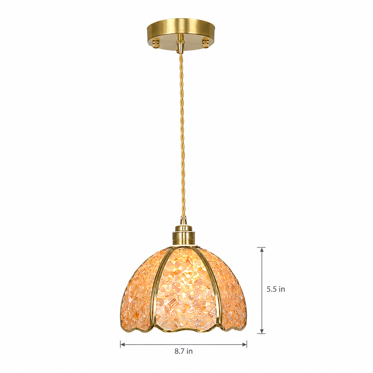 Small Crystal Dome Pendant Light, Dimmable - Model F on white with dimensions