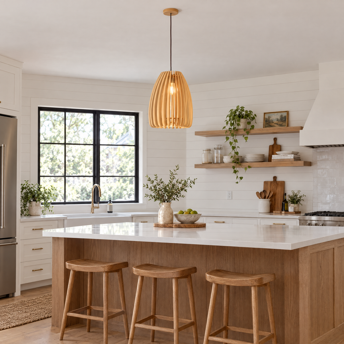 Wood Slat Pendant Light, Rustic Handmade - 14.2''x16.9'' in a kitchen