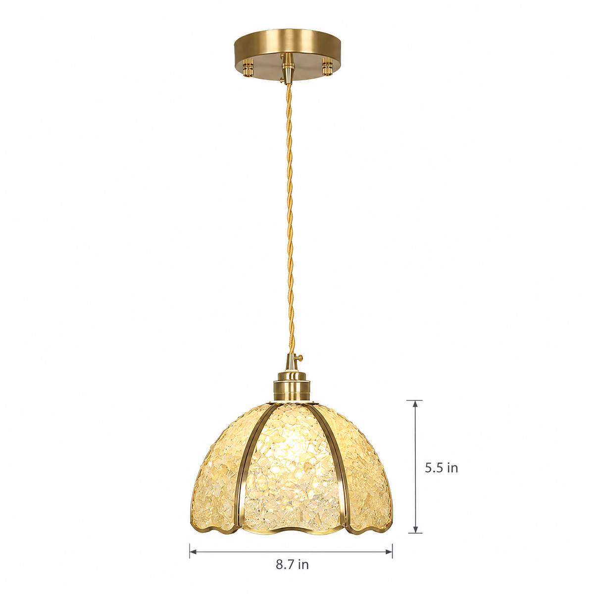 Small Crystal Dome Pendant Light, Dimmable - Model D on white with dimensions