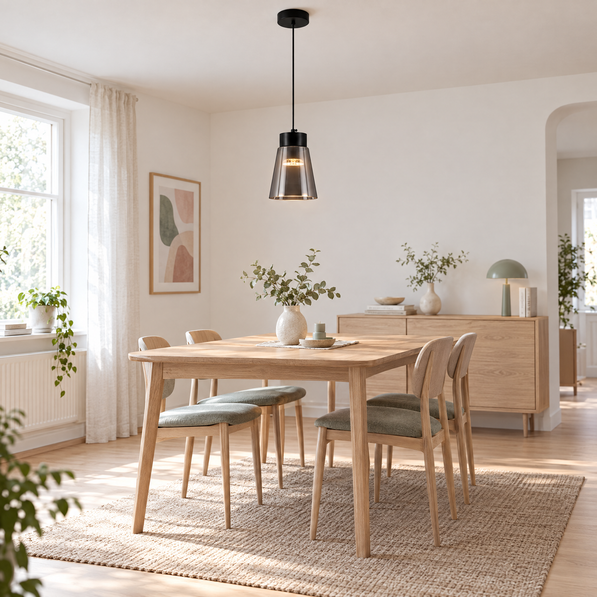 Smoke Gray Glass COB Pendant Light in a dining room