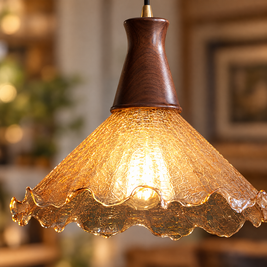 Cracked Glass Pendant Light, Brass & Walnut close-up detail