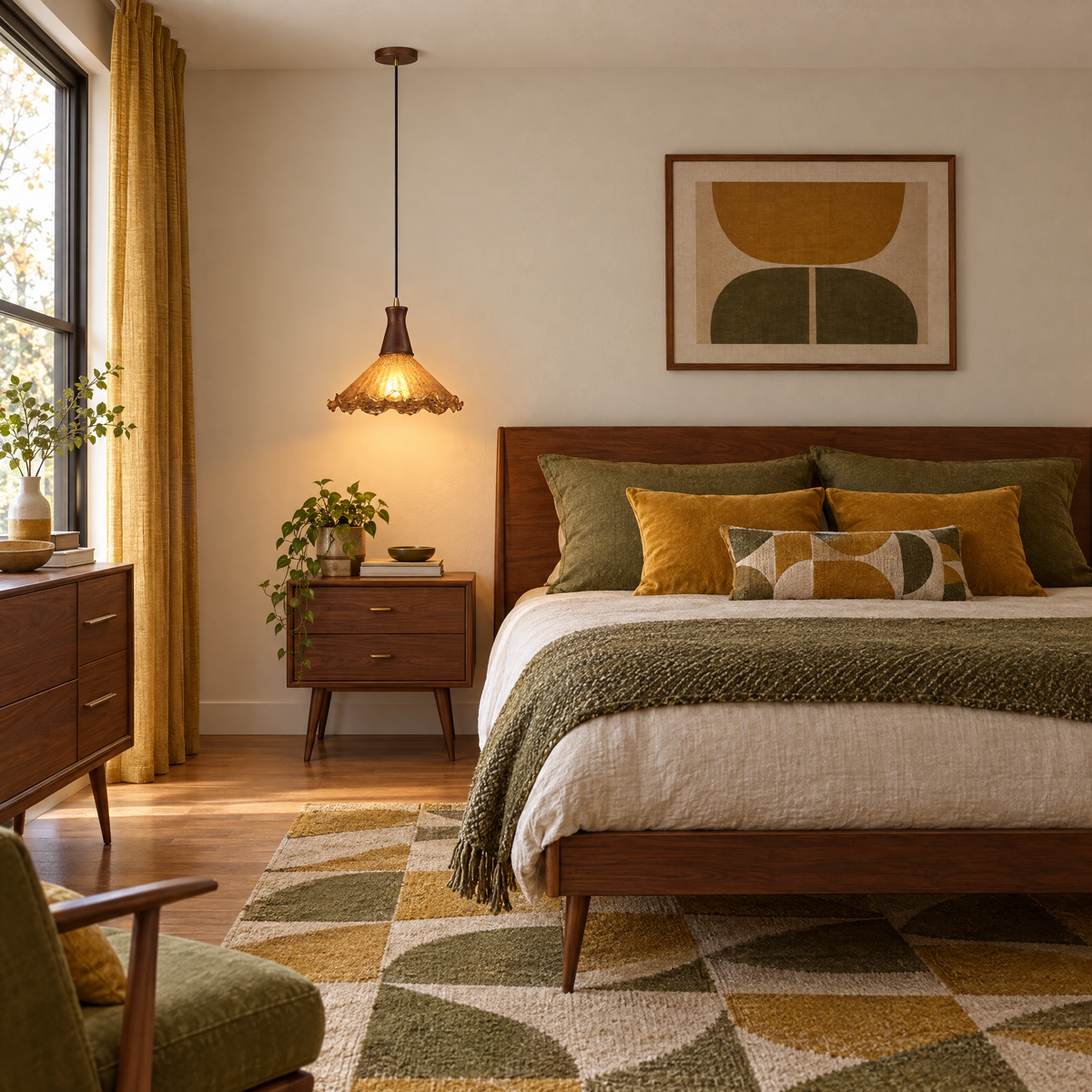 Cracked Glass Pendant Light, Brass & Walnut in a bedroom