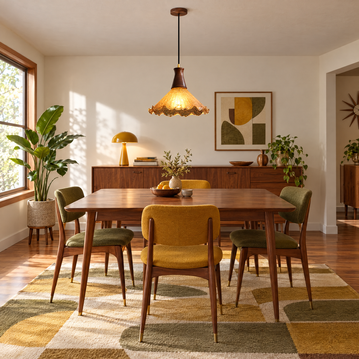 Cracked Glass Pendant Light, Brass & Walnut in a dining room