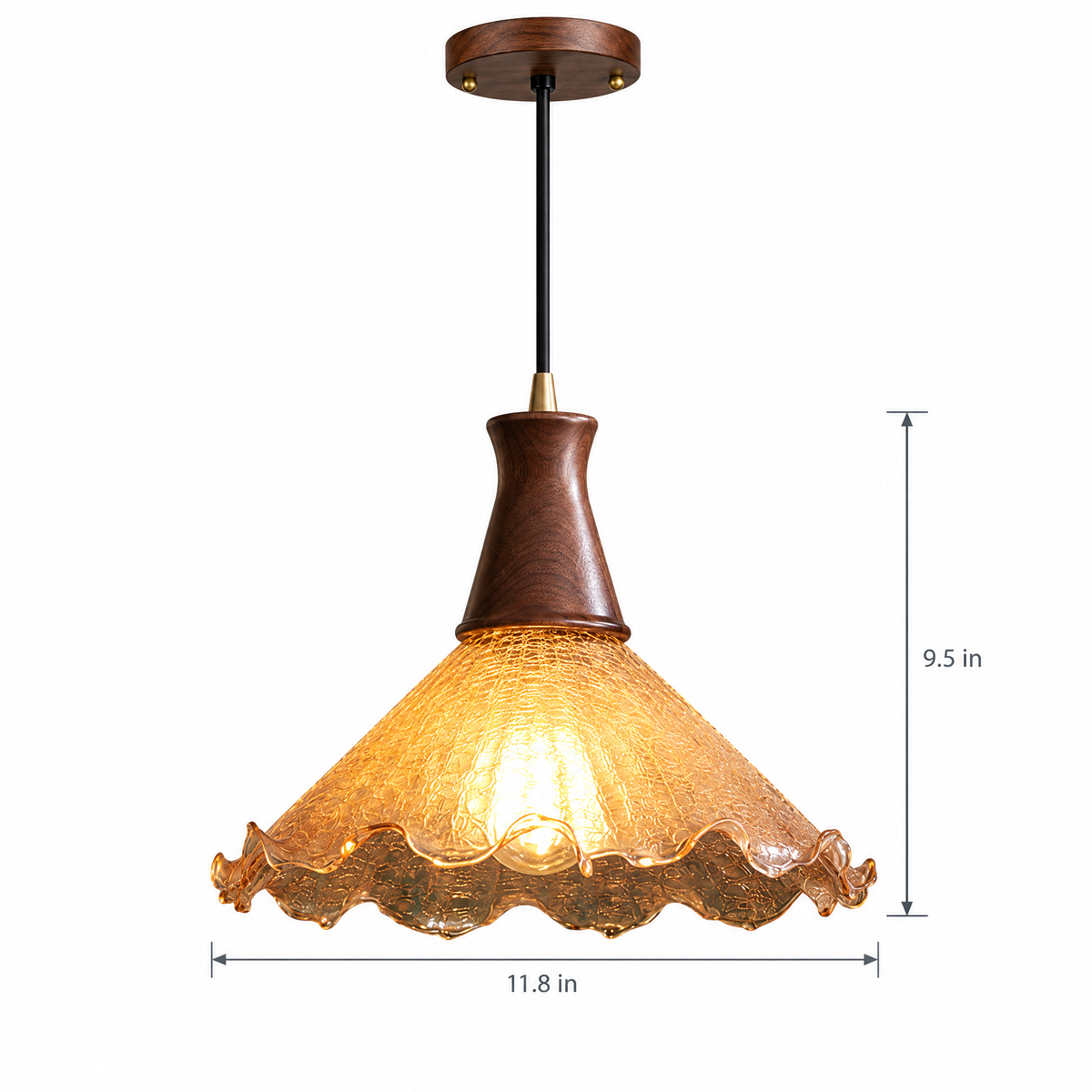 Cracked Glass Pendant Light, Brass & Walnut on white with dimensions