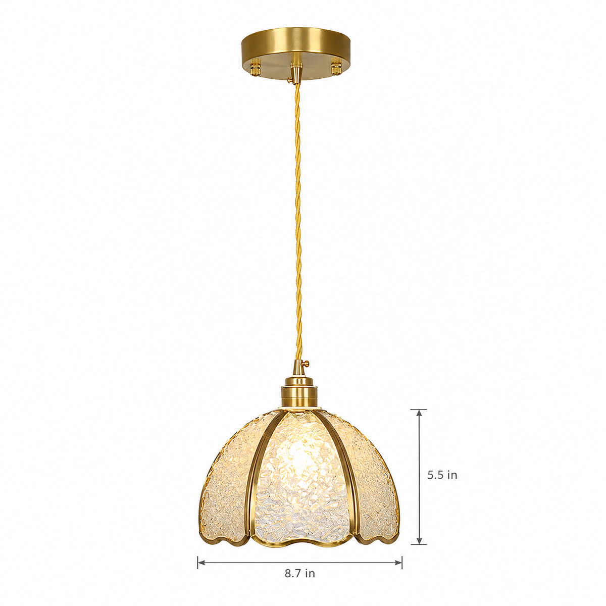 Small Crystal Dome Pendant Light, Dimmable - Model G on white with dimensions
