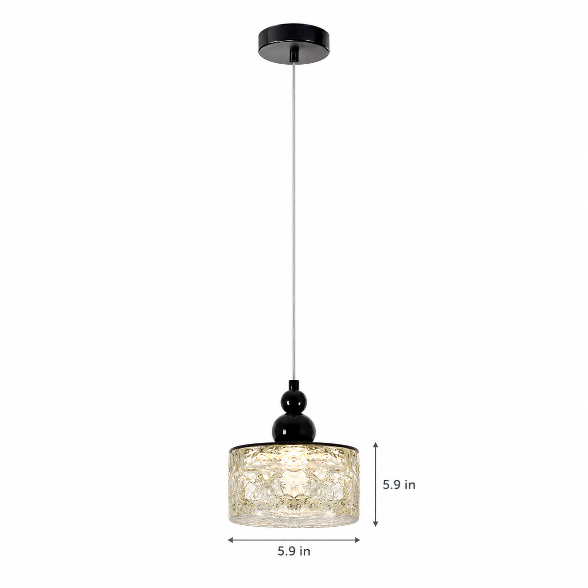 Ice Texture Acrylic Pendant Light, Dimmable - Black on white with dimensions