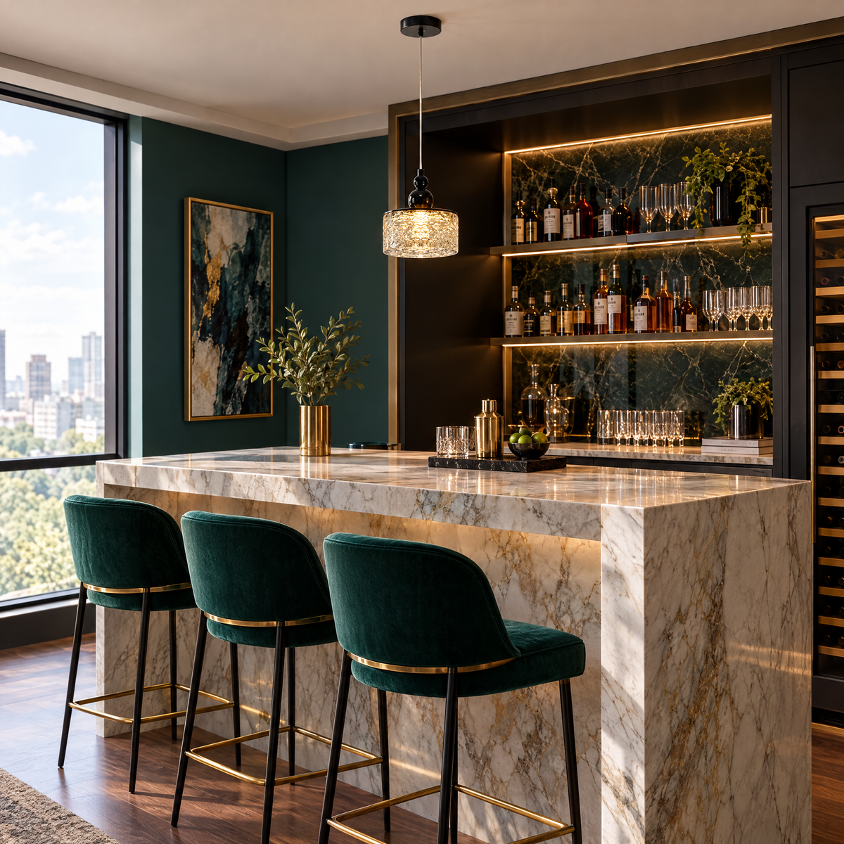 Ice Texture Acrylic Pendant Light, Dimmable - Black in a home bar