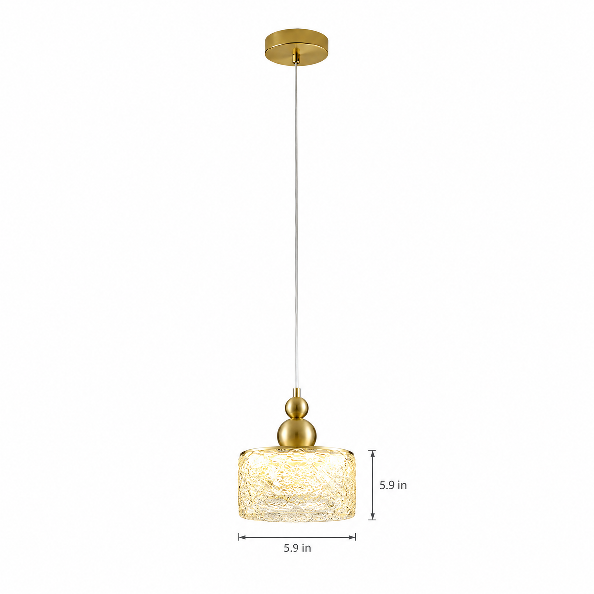 Ice Texture Acrylic Pendant Light, Dimmable - Gold on white with dimensions
