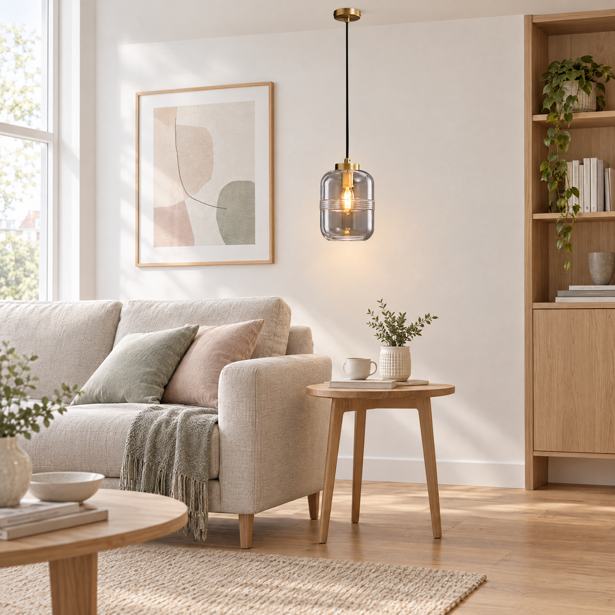 Threaded Glass Pendant Light, Copper Dimmable in a living room