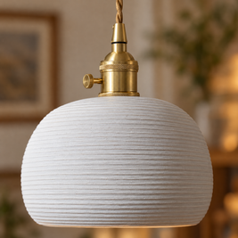 Striped Ceramic Pendant Light, Brass close-up detail
