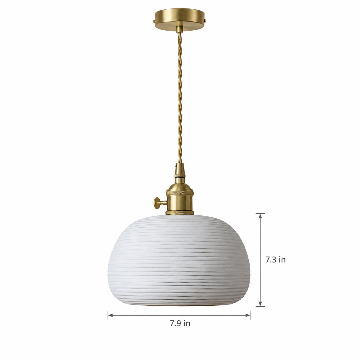 Striped Ceramic Pendant Light, Brass on white with dimensions