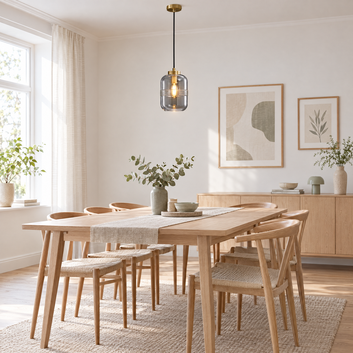 Threaded Glass Pendant Light, Copper Dimmable in a dining room