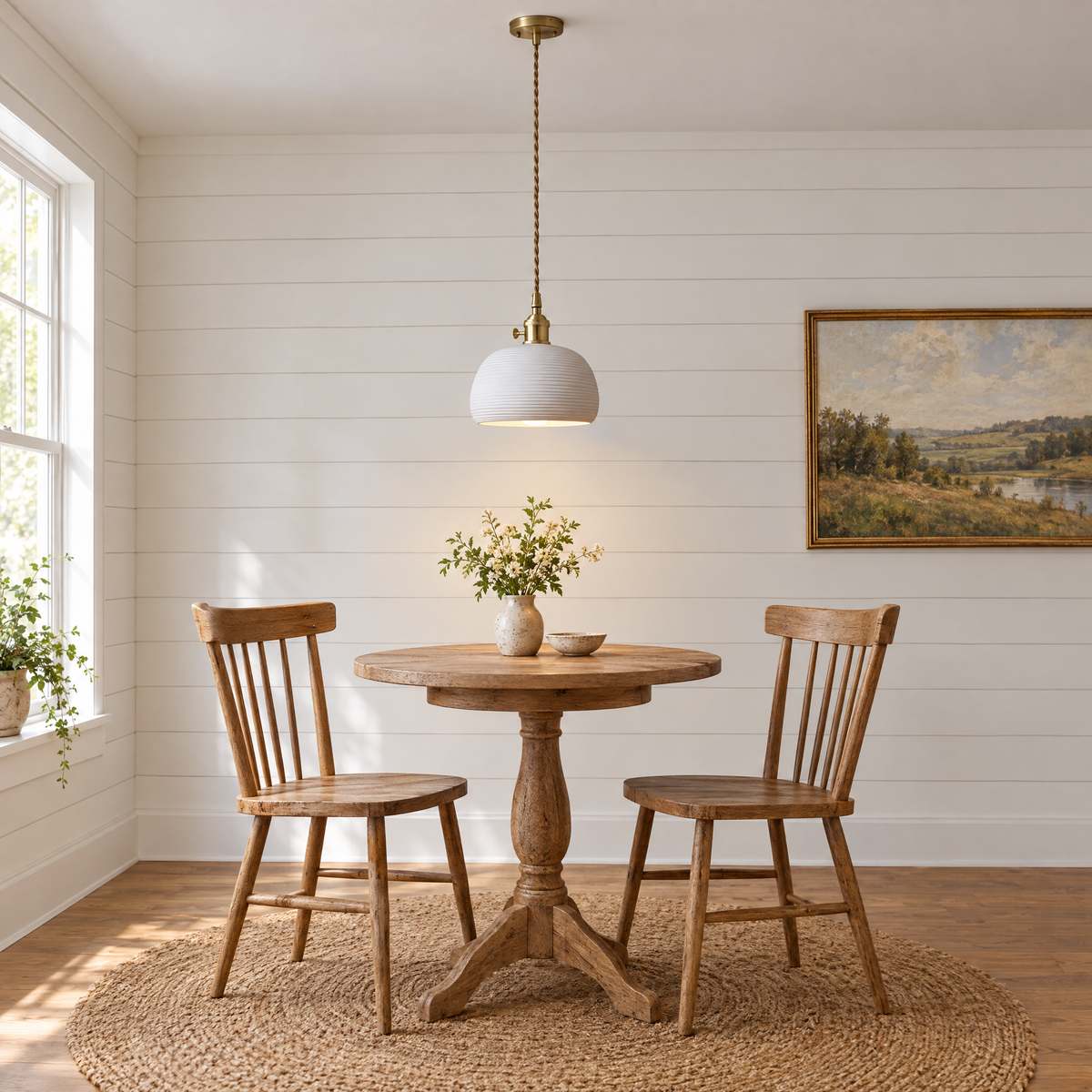 Striped Ceramic Pendant Light, Brass in a dining room