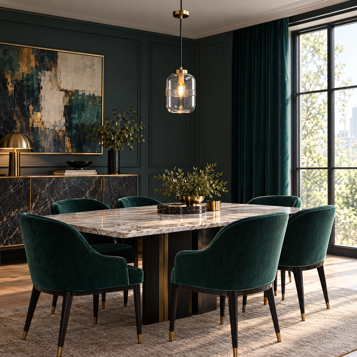 Threaded Glass Pendant Light, Copper Dimmable in a dining room