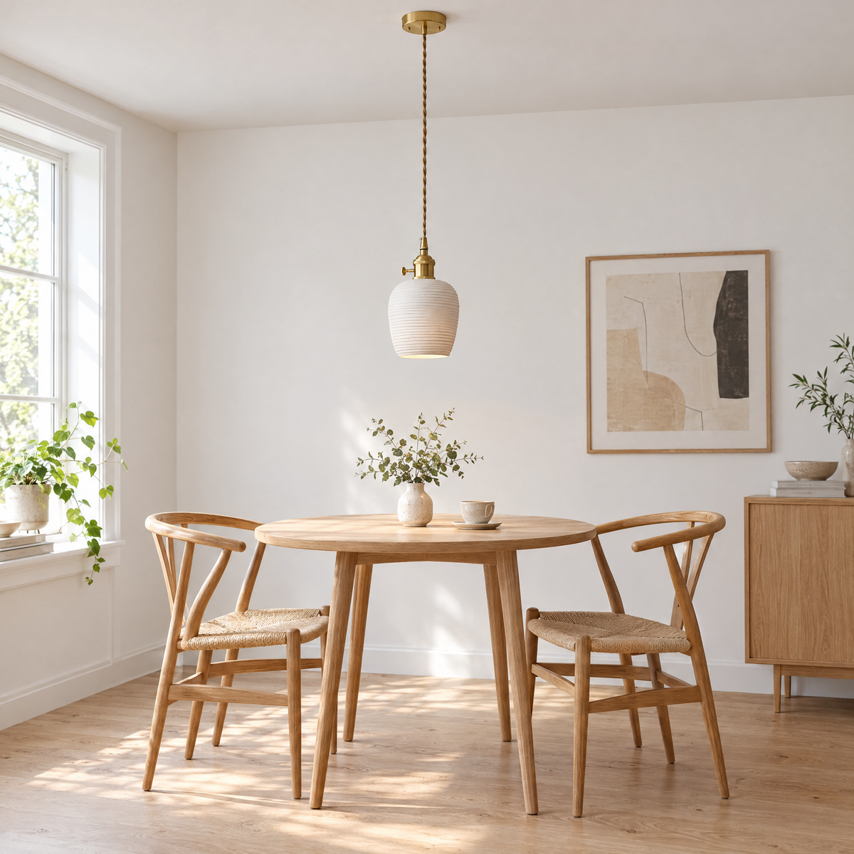 Striped Ceramic Pendant Light, Brass - 5.3''x7.9'' in a dining room