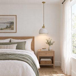 Striped Ceramic Pendant Light, Brass in a bedroom