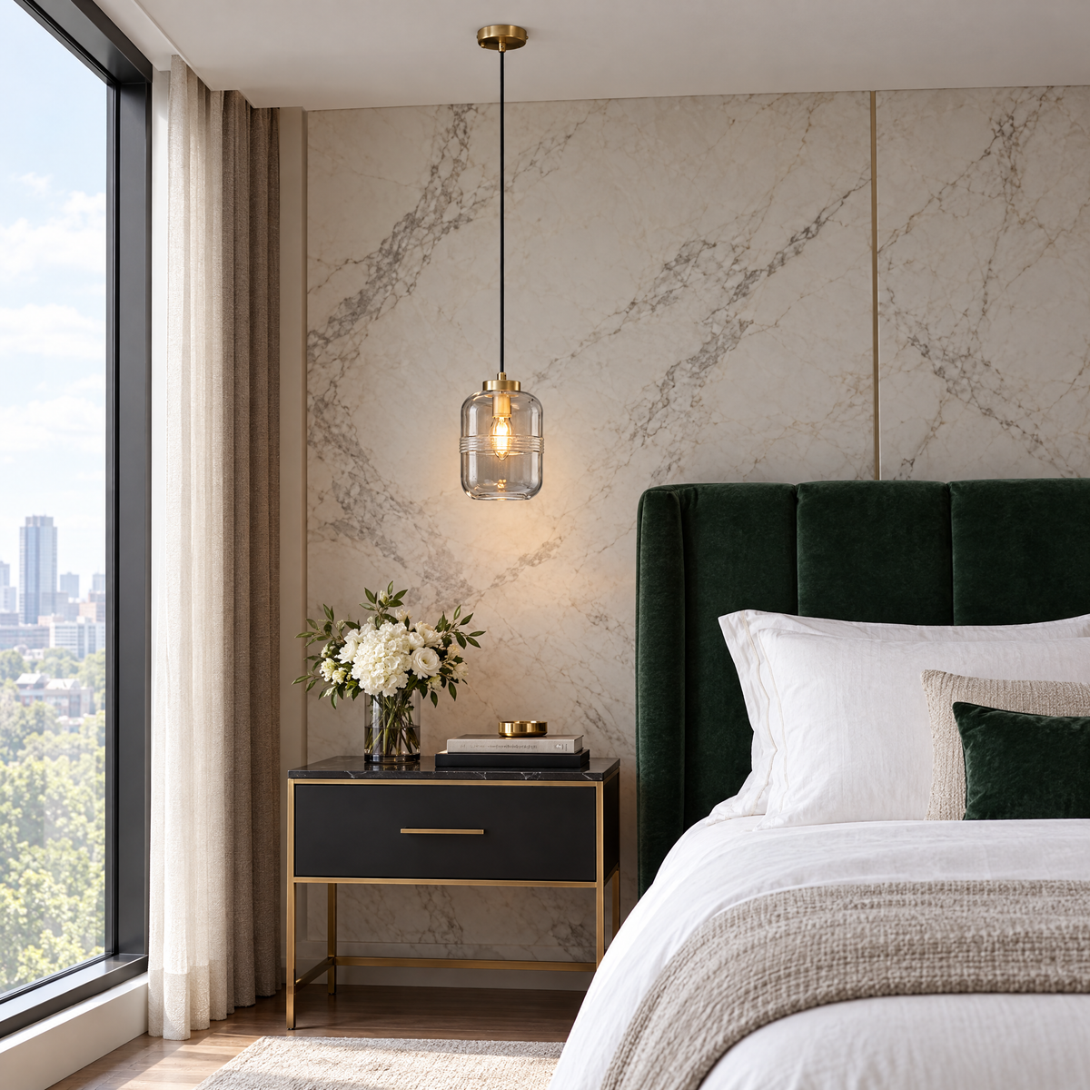 Threaded Glass Pendant Light, Copper Dimmable in a bedroom