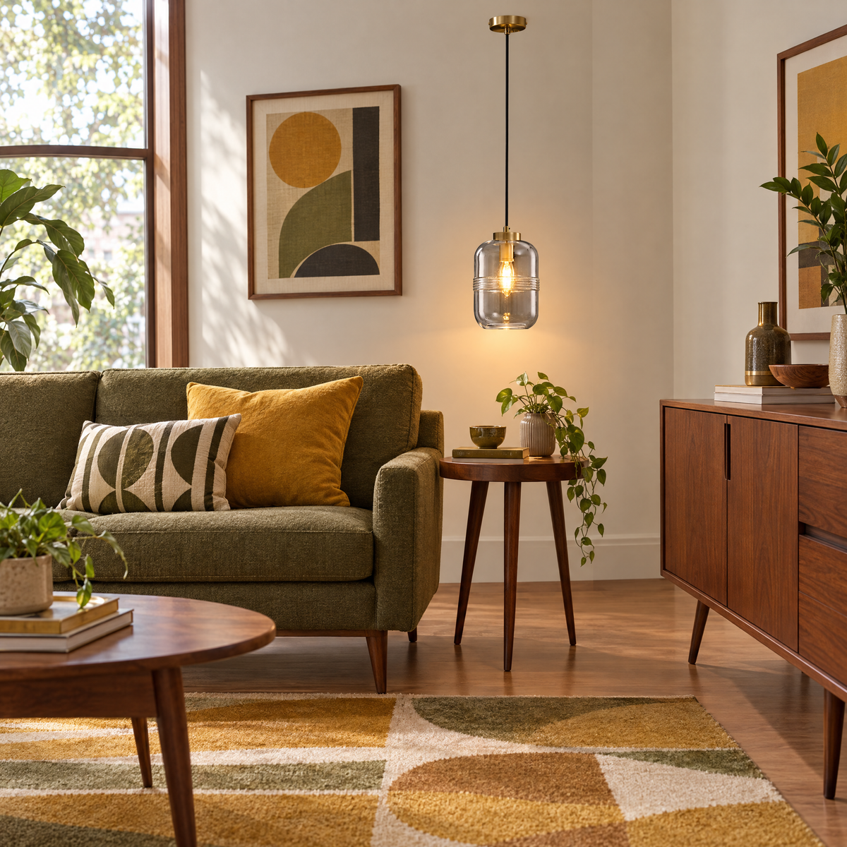 Threaded Glass Pendant Light, Copper Dimmable in a living room