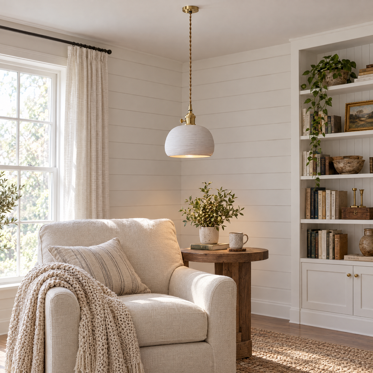 Striped Ceramic Pendant Light, Brass in a reading corner