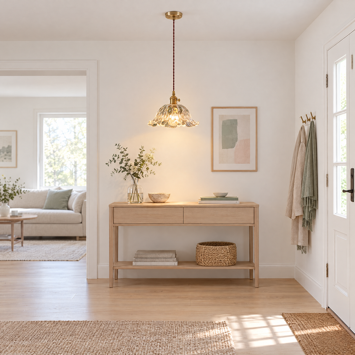 Japanese Floral Glass Pendant Light, Brass in an entryway