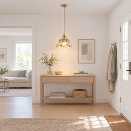 Japanese Floral Glass Pendant Light, Brass in an entryway