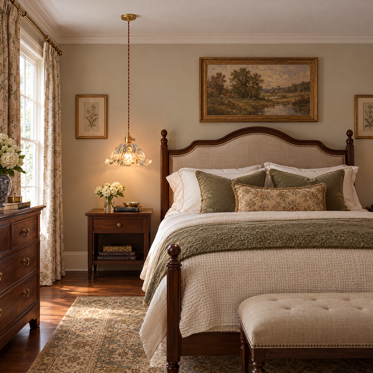 Japanese Floral Glass Pendant Light, Brass in a bedroom