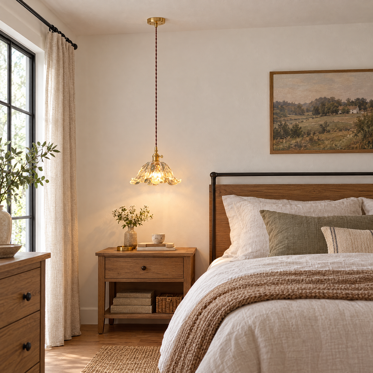 Japanese Floral Glass Pendant Light, Brass in a bedroom