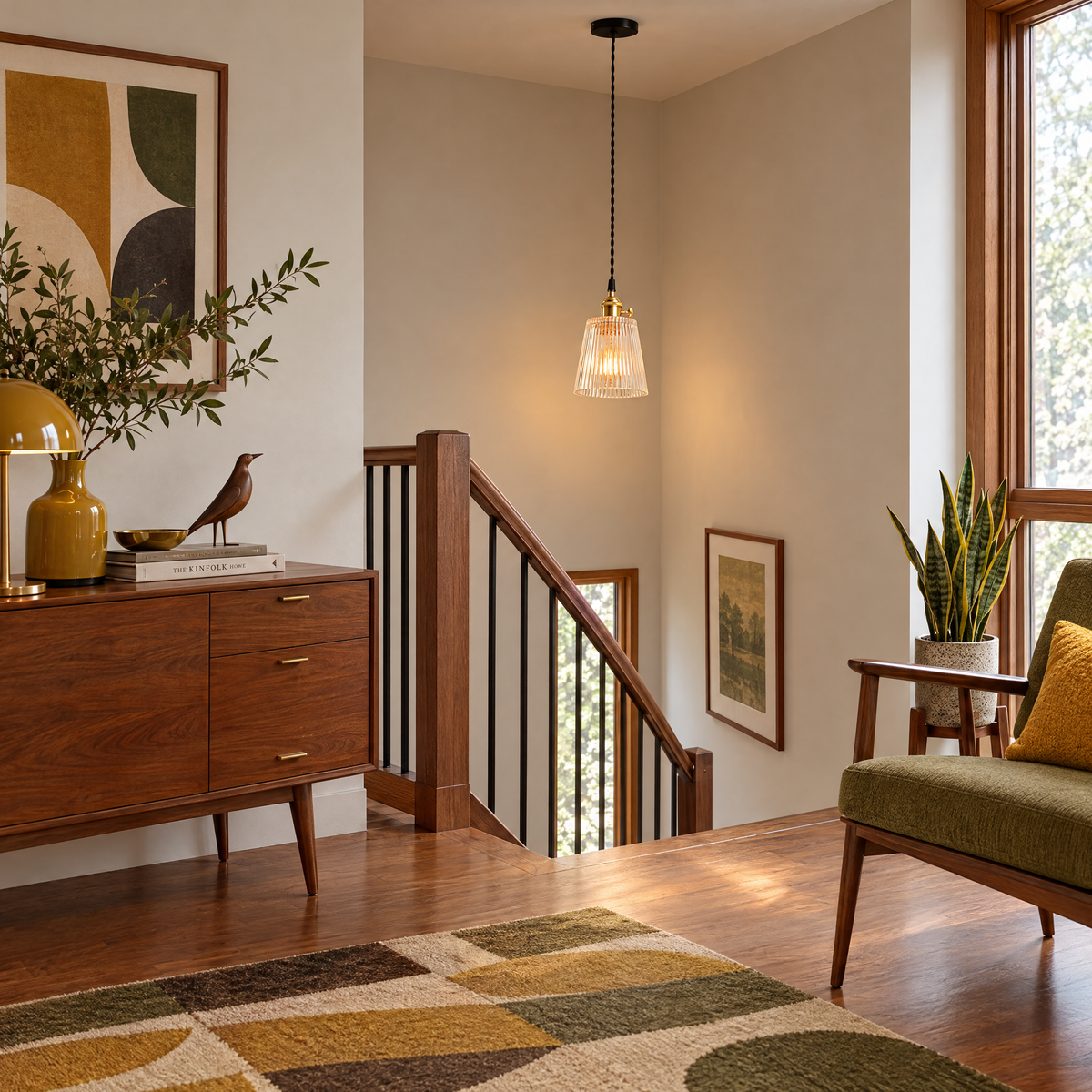 Clear Glass Pendant Light, Brass Minimalist in a stairwell