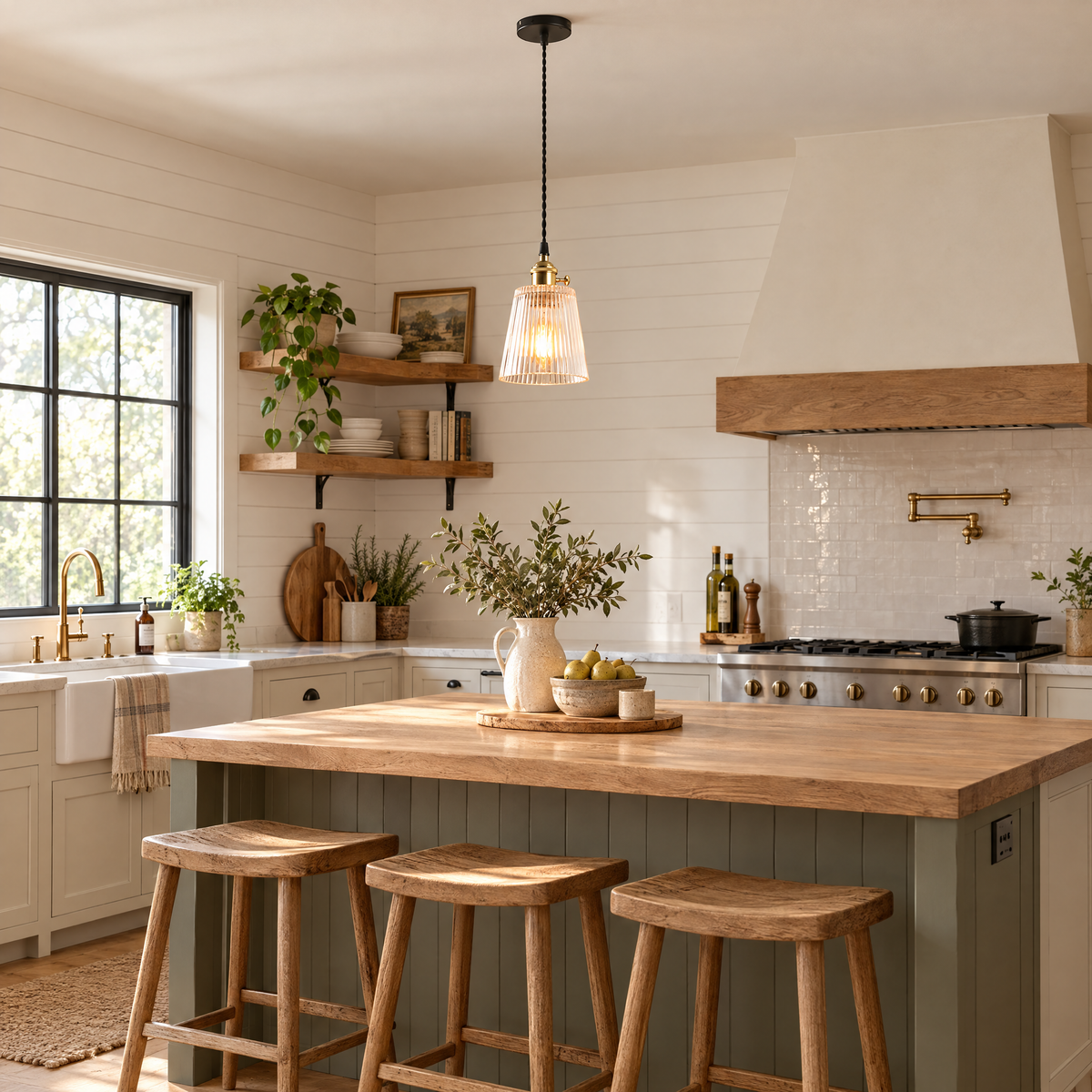 Clear Glass Pendant Light, Brass Minimalist in a kitchen