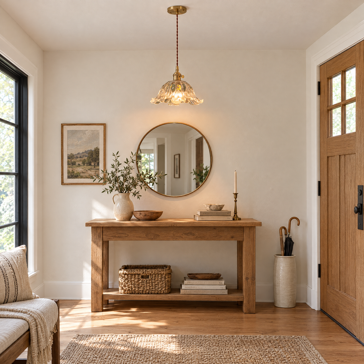 Japanese Floral Glass Pendant Light, Brass in an entryway