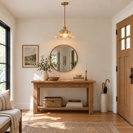 Japanese Floral Glass Pendant Light, Brass in an entryway