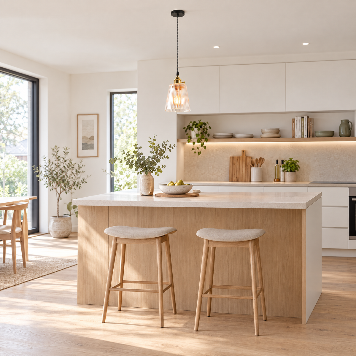 Clear Glass Pendant Light, Brass Minimalist in a kitchen