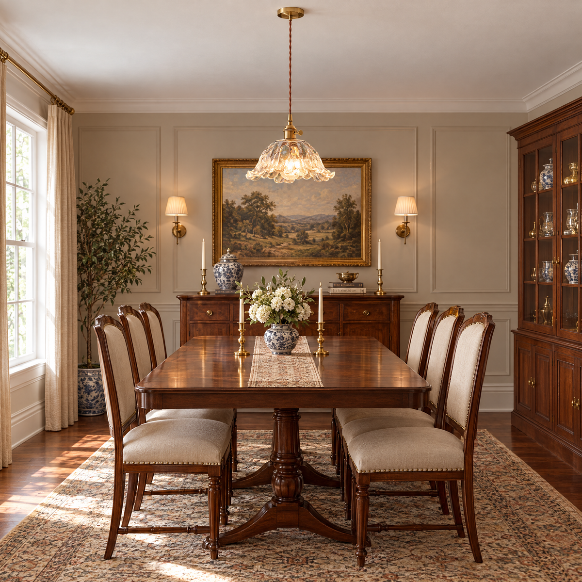 Japanese Floral Glass Pendant Light, Brass in a dining room