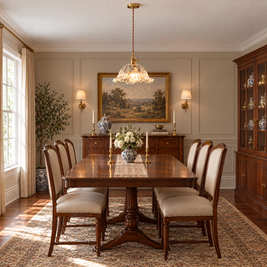 Japanese Floral Glass Pendant Light, Brass in a dining room