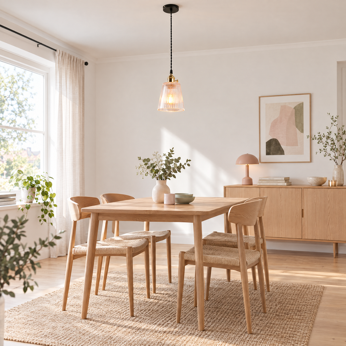 Clear Glass Pendant Light, Brass Minimalist in a dining room