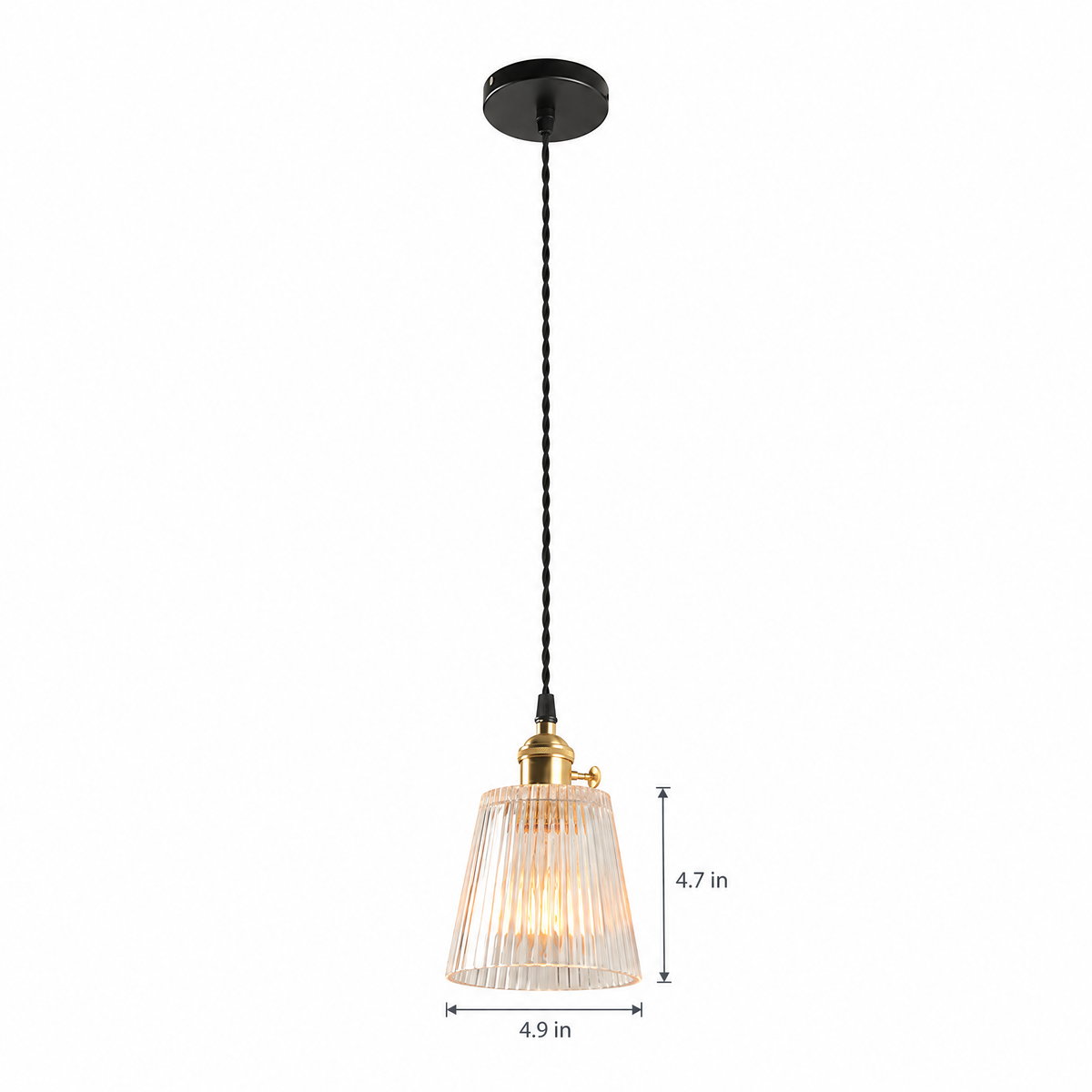 Clear Glass Pendant Light, Brass Minimalist on white with dimensions