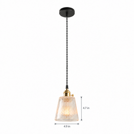 Clear Glass Pendant Light, Brass Minimalist on white with dimensions
