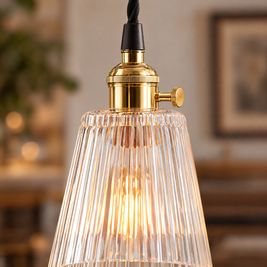 Clear Glass Pendant Light, Brass Minimalist close-up detail