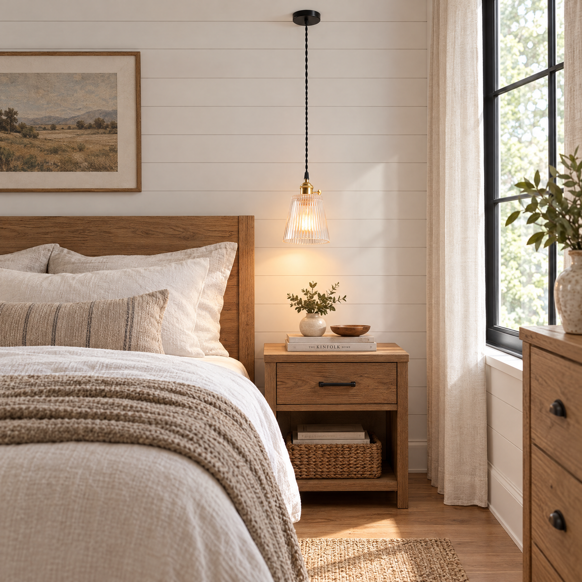 Clear Glass Pendant Light, Brass Minimalist in a bedroom