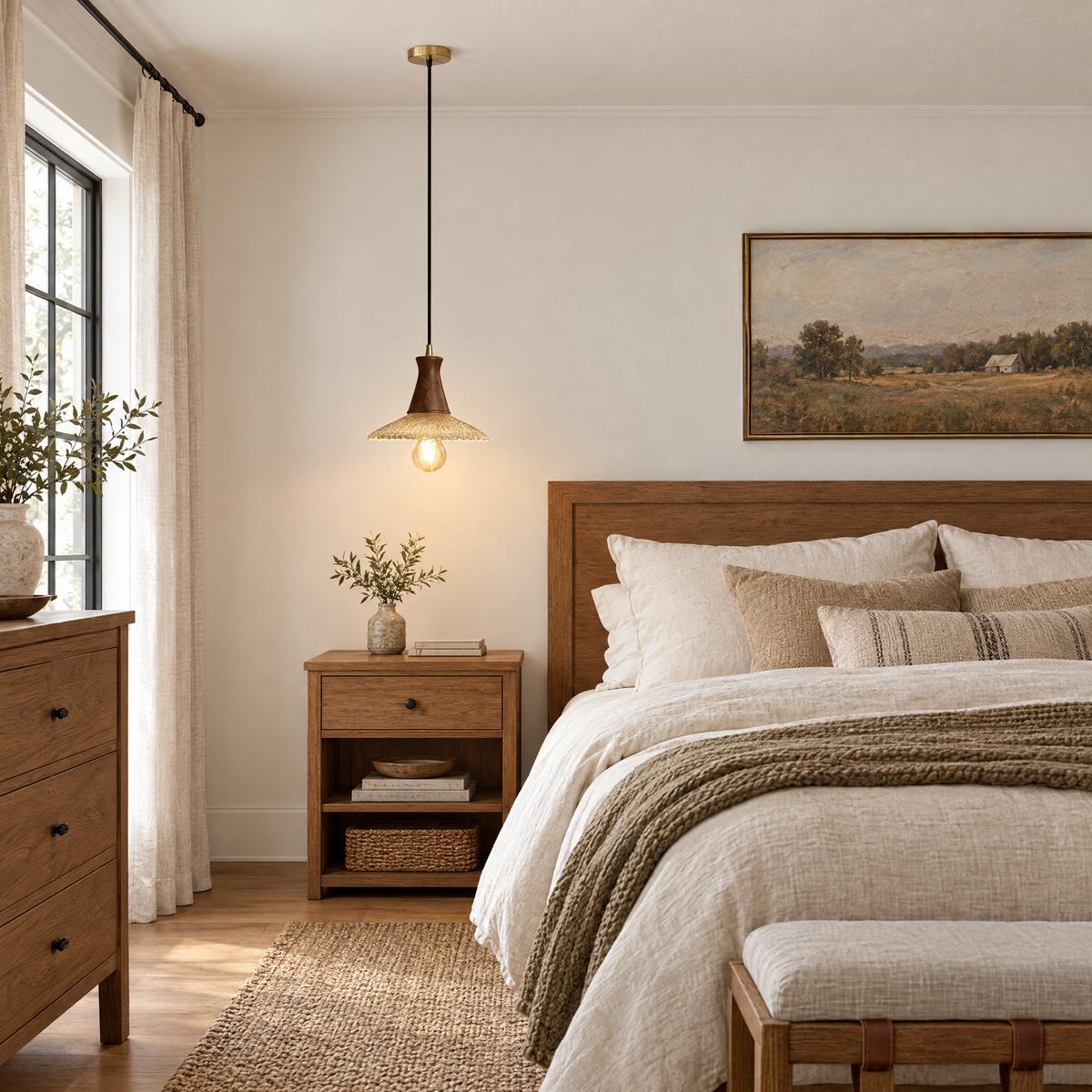 Wabi Sabi Wood & Glass Pendant Light in a bedroom