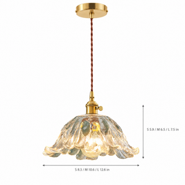 Japanese Floral Glass Pendant Light, Brass on white with dimensions