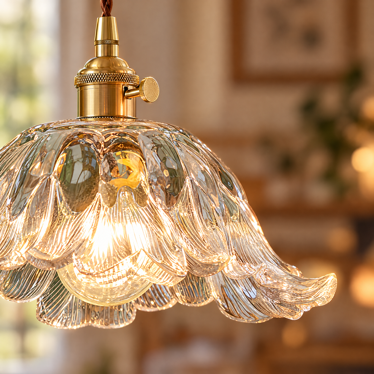 Japanese Floral Glass Pendant Light, Brass close-up detail