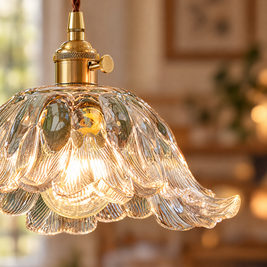 Japanese Floral Glass Pendant Light, Brass close-up detail