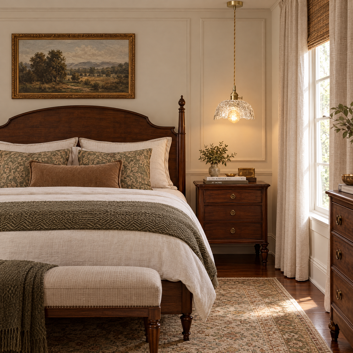 Hammered Glass Pendant Light, Green & Brass - Transparent chandelier in a bedroom