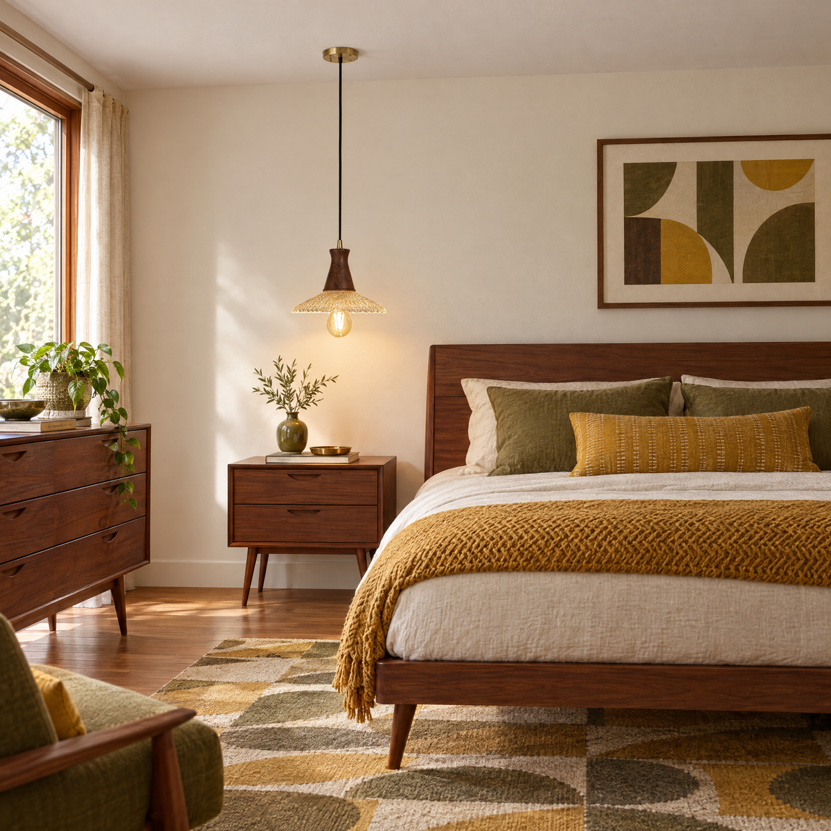 Wabi Sabi Wood & Glass Pendant Light in a bedroom