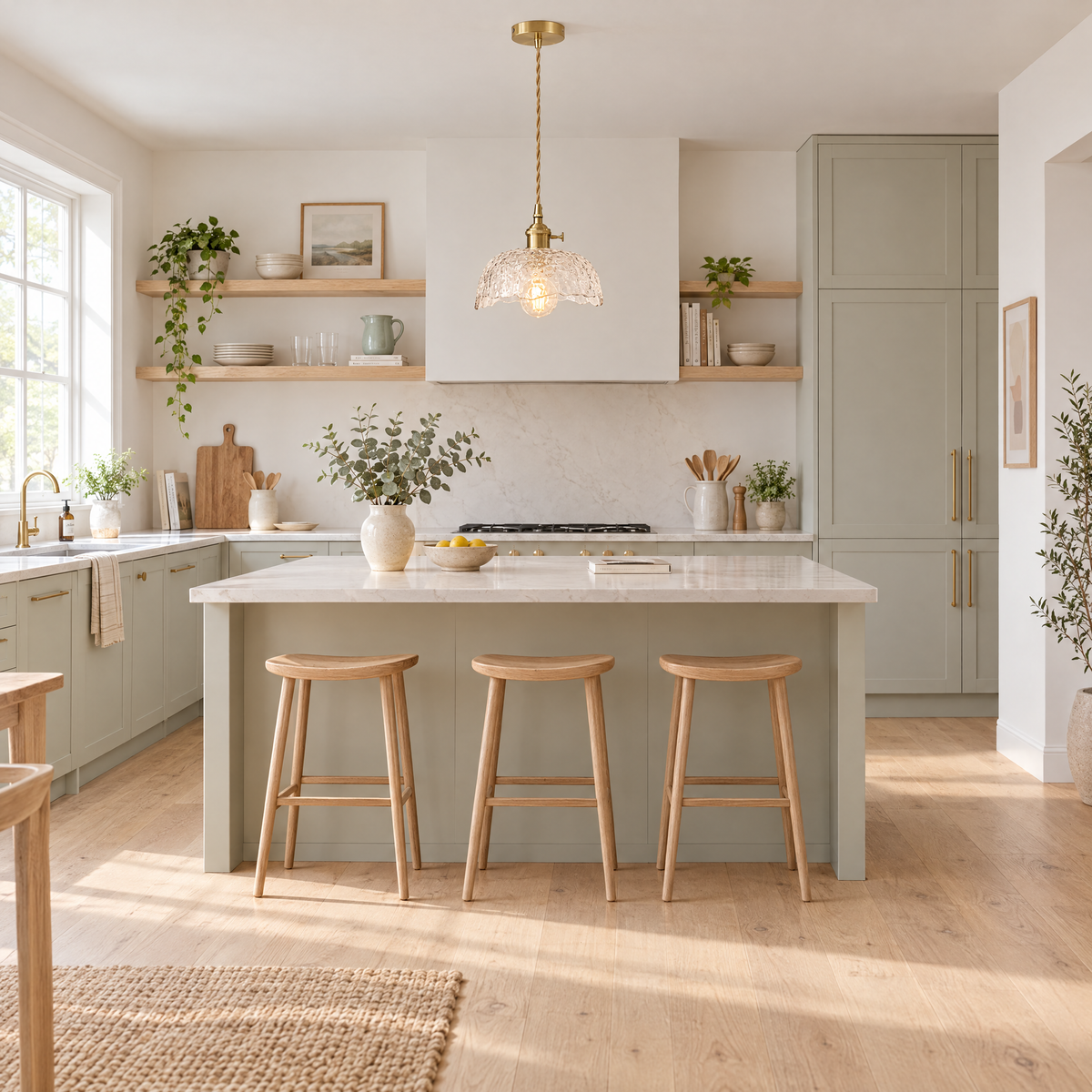 Hammered Glass Pendant Light, Green & Brass - Transparent chandelier in a kitchen