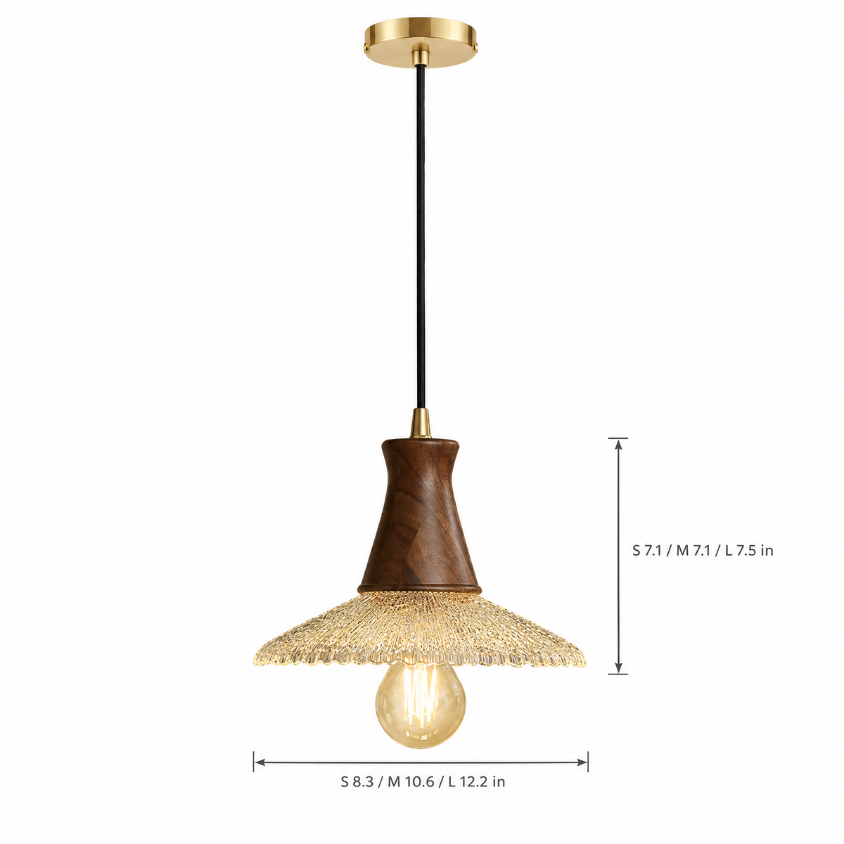 Wabi Sabi Wood & Glass Pendant Light on white with dimensions