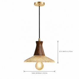 Wabi Sabi Wood & Glass Pendant Light on white with dimensions