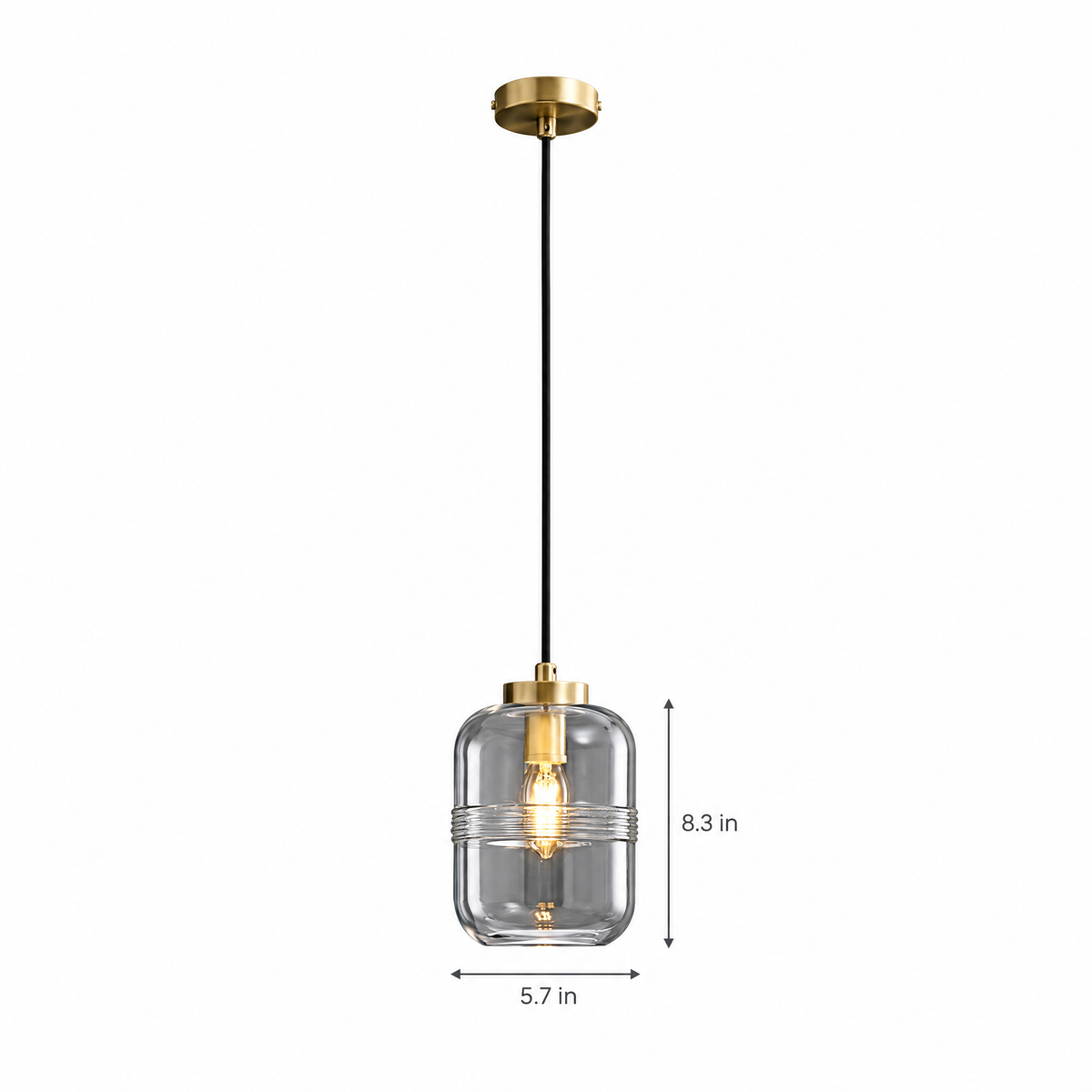 Threaded Glass Pendant Light, Copper Dimmable on white with dimensions