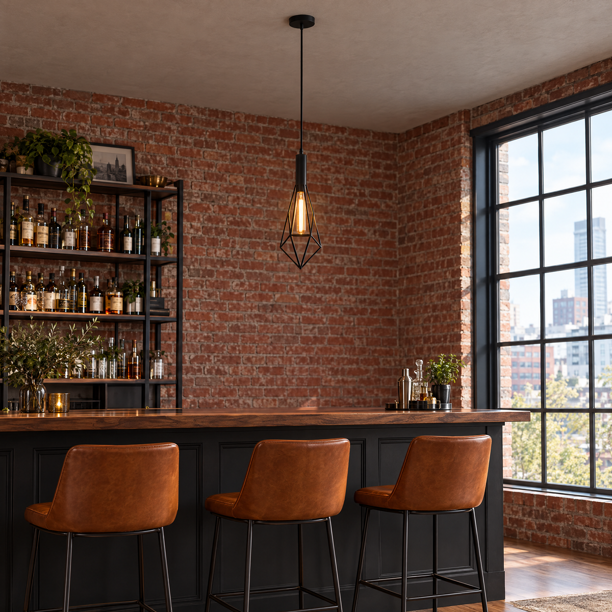 Black Wire Cage Pendant Light, Vintage in a home bar